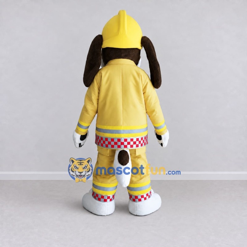 Custom Brown White and Yellow Dog Firefighter Mascot Costume Adult Full Body Suit for Community Events Custom Brown White and Yellow Dog Firefighter Mascot Costume Adult Full Body Suit for Community Events