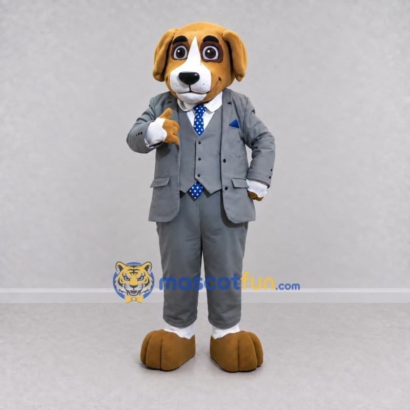 Custom Tan and Gray Dog in Suit Mascot Costume Adult Full Body Suit for Themed Parties