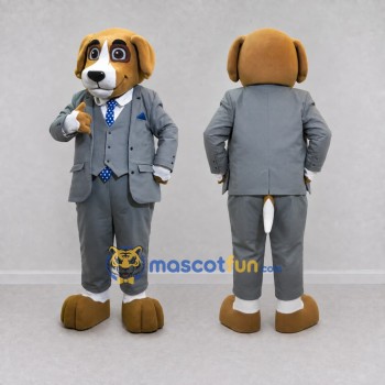 Custom Tan and Gray Dog in Suit Mascot Costume Adult Full Body Suit for Themed Parties