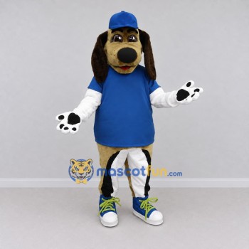 Custom Tan and Blue Dog in Cap and T Shirt Mascot Costume Adult Full Body Suit for School Events