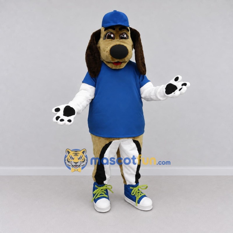 Custom Tan and Blue Dog in Cap and T Shirt Mascot Costume Adult Full Body Suit for School Events Custom Tan and Blue Dog in Cap and T Shirt Mascot Costume Adult Full Body Suit for School Events