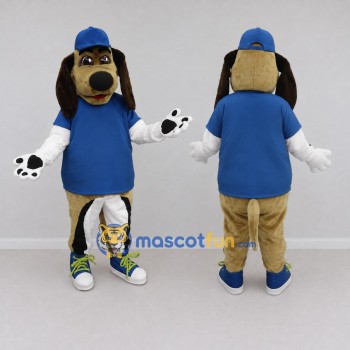 Custom Tan and Blue Dog in Cap and T Shirt Mascot Costume Adult Full Body Suit for School Events