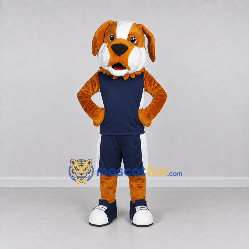 Custom Brown and Navy Blue Dog in Sportswear Mascot Costume Adult Full Body Suit for Sports Events Custom Brown and Navy Blue Dog in Sportswear Mascot Costume Adult Full Body Suit for Sports Events