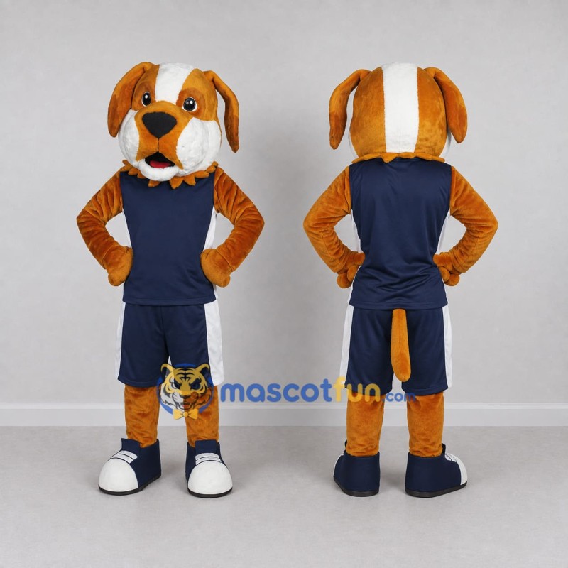 Custom Brown and Navy Blue Dog in Sportswear Mascot Costume Adult Full Body Suit for Sports Events Custom Brown and Navy Blue Dog in Sportswear Mascot Costume Adult Full Body Suit for Sports Events