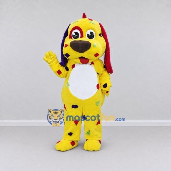 Custom Yellow Red and Purple Spotted Dog Mascot Costume Adult Full Body Suit for School Events