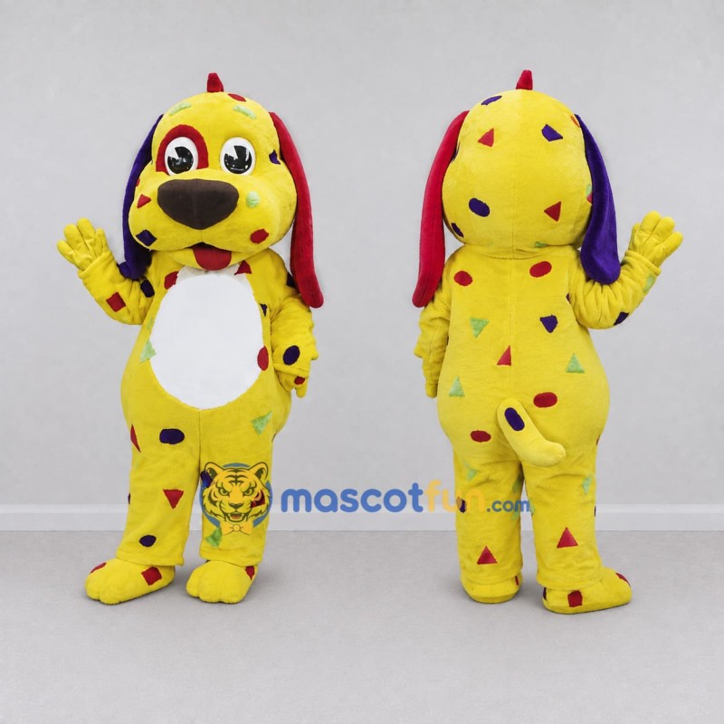 Custom Yellow Red and Purple Spotted Dog Mascot Costume Adult Full Body Suit for School Events Custom Yellow Red and Purple Spotted Dog Mascot Costume Adult Full Body Suit for School Events