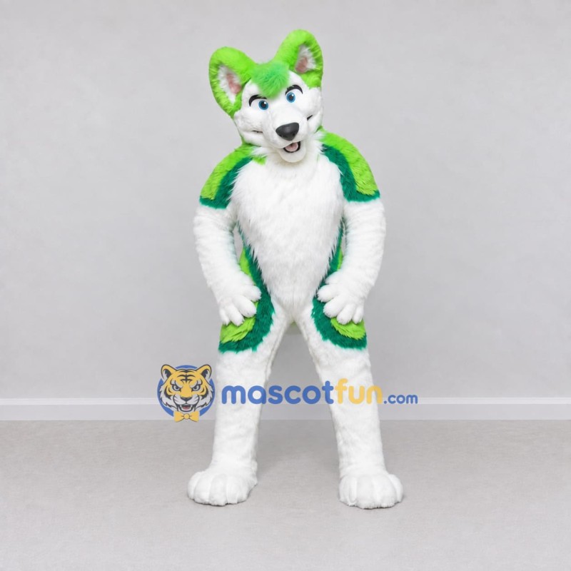 Custom Green and White Canine Character Mascot Costume Adult Full Body Suit for School Events