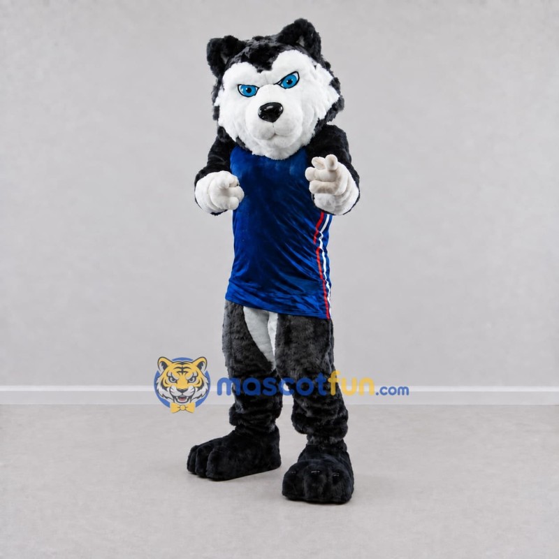 Custom Black White and Blue Husky in Sportswear Mascot Costume Adult Full Body Suit for Sports Events Custom Black White and Blue Husky in Sportswear Mascot Costume Adult Full Body Suit for Sports Events