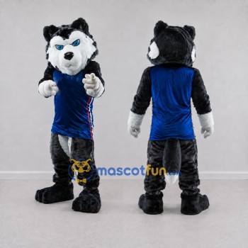Custom Black White and Blue Husky in Sportswear Mascot Costume Adult Full Body Suit for Sports Events