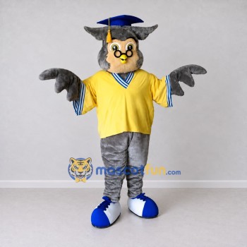Custom Gray Yellow and Blue Owl Graduate Mascot Costume Adult Full Body Suit for Graduation Events