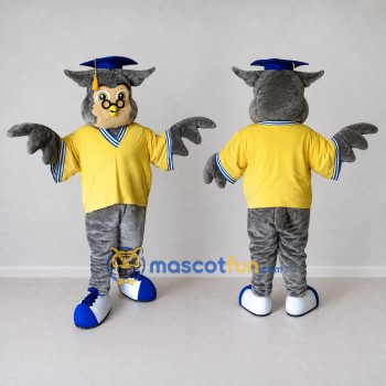 Custom Gray Yellow and Blue Owl Graduate Mascot Costume Adult Full Body Suit for Graduation Events