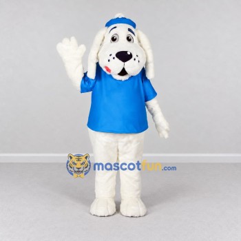 Custom White and Blue Dog in Cap and T Shirt Mascot Costume Adult Full Body Suit for School Events Custom White and Blue Dog in Cap and T Shirt Mascot Costume Adult Full Body Suit for School Events