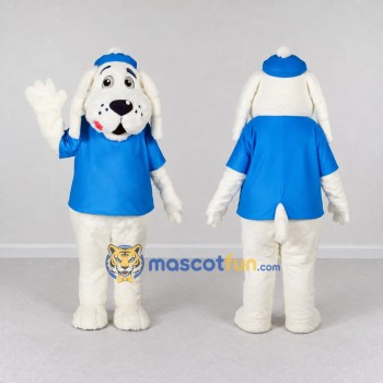 Custom White and Blue Dog in Cap and T Shirt Mascot Costume Adult Full Body Suit for School Events