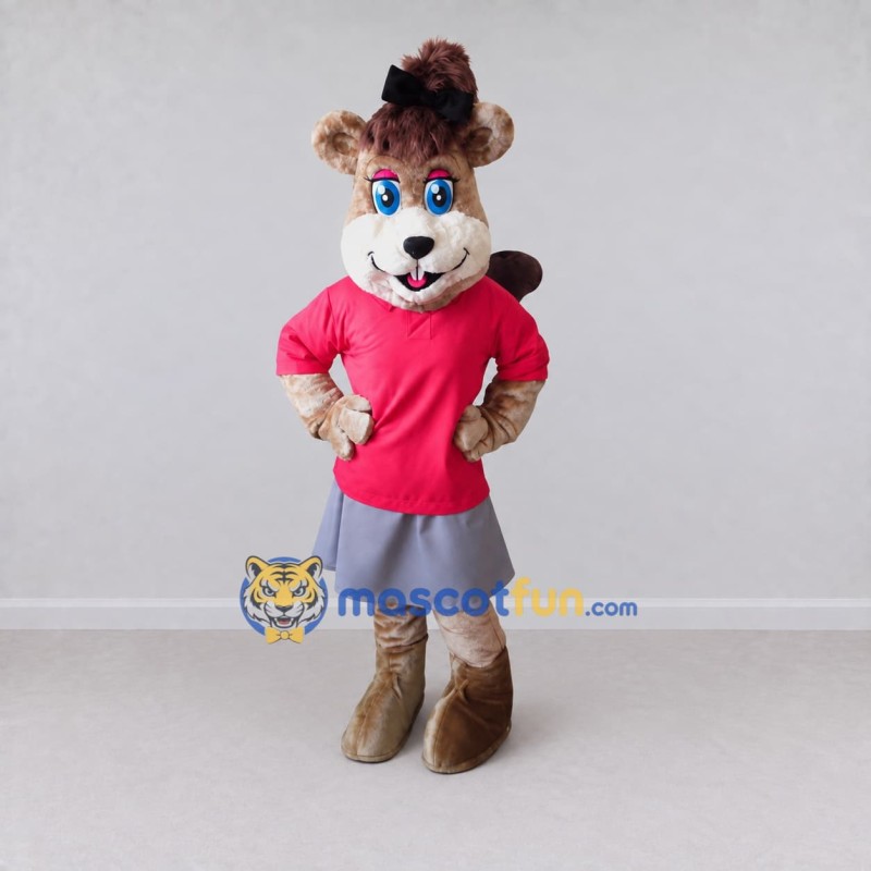 Custom Tan Red and Gray Rodent in Skirt Mascot Costume Adult Full Body Suit for Themed Parties Custom Tan Red and Gray Rodent in Skirt Mascot Costume Adult Full Body Suit for Themed Parties