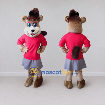 Custom Tan Red and Gray Rodent in Skirt Mascot Costume Adult Full Body Suit for Themed Parties