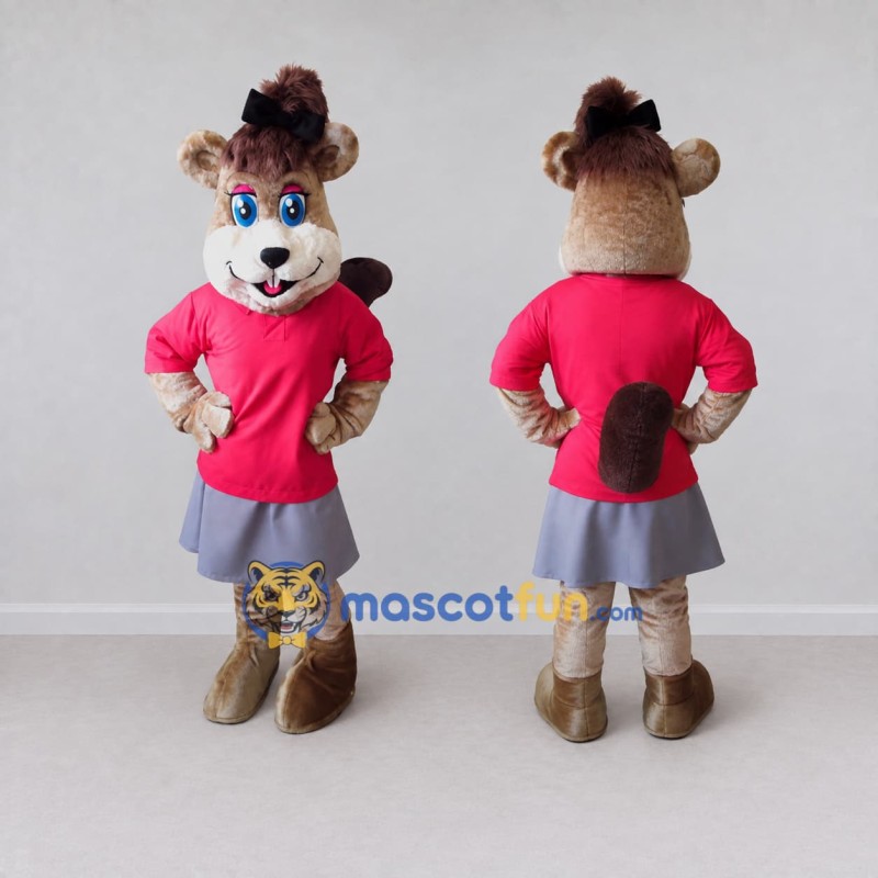 Custom Tan Red and Gray Rodent in Skirt Mascot Costume Adult Full Body Suit for Themed Parties Custom Tan Red and Gray Rodent in Skirt Mascot Costume Adult Full Body Suit for Themed Parties