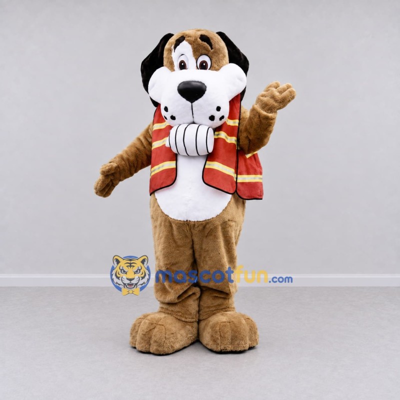 Custom Tan and Red Dog in Vest Mascot Costume Adult Full Body Suit for Community Events