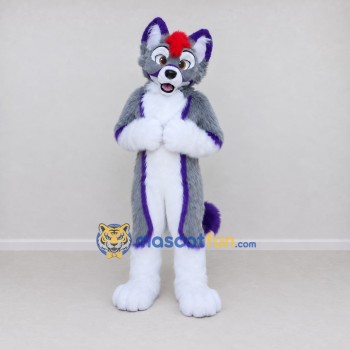 Custom Gray Purple and White Canine Character Mascot Costume Adult Full Body Suit for School Events