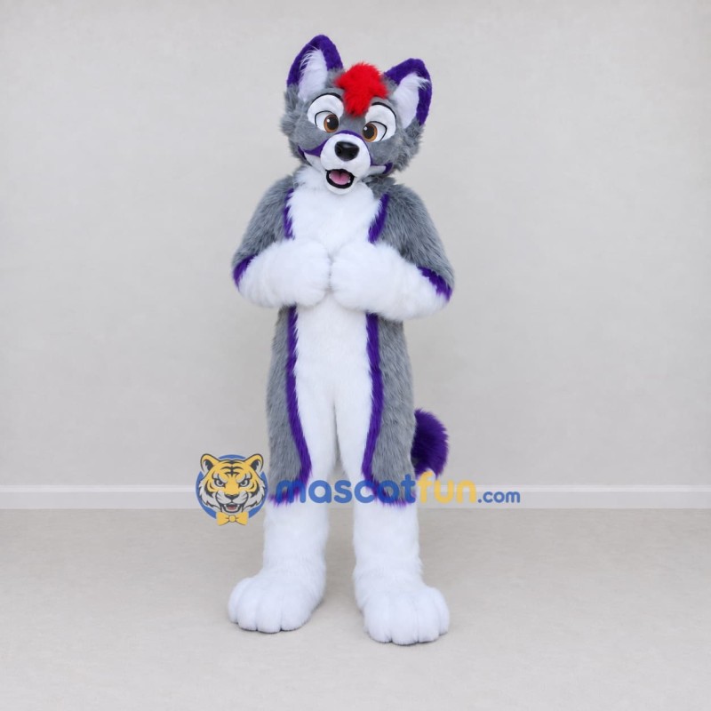 Custom Gray Purple and White Canine Character Mascot Costume Adult Full Body Suit for School Events Custom Gray Purple and White Canine Character Mascot Costume Adult Full Body Suit for School Events