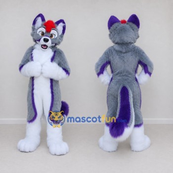 Custom Gray Purple and White Canine Character Mascot Costume Adult Full Body Suit for School Events