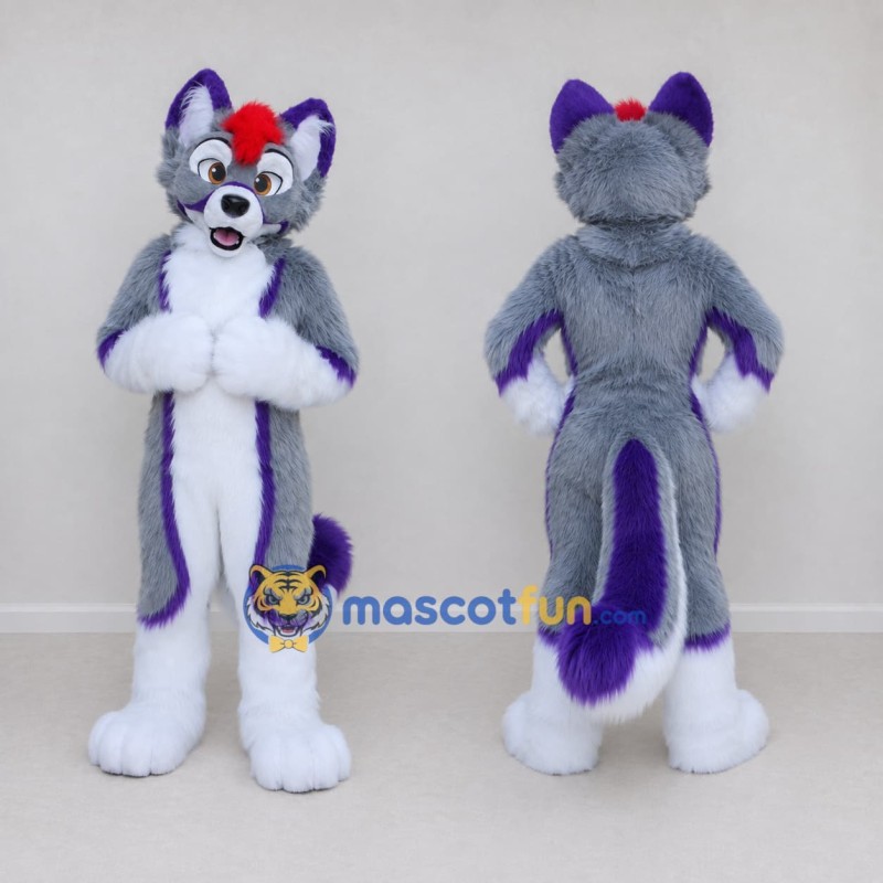 Custom Gray Purple and White Canine Character Mascot Costume Adult Full Body Suit for School Events Custom Gray Purple and White Canine Character Mascot Costume Adult Full Body Suit for School Events