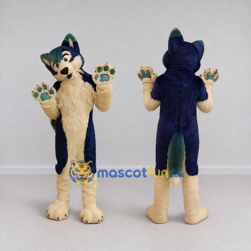 Custom Navy Blue and Cream Canine Character Mascot Costume Adult Full Body Suit for School Events Custom Navy Blue and Cream Canine Character Mascot Costume Adult Full Body Suit for School Events