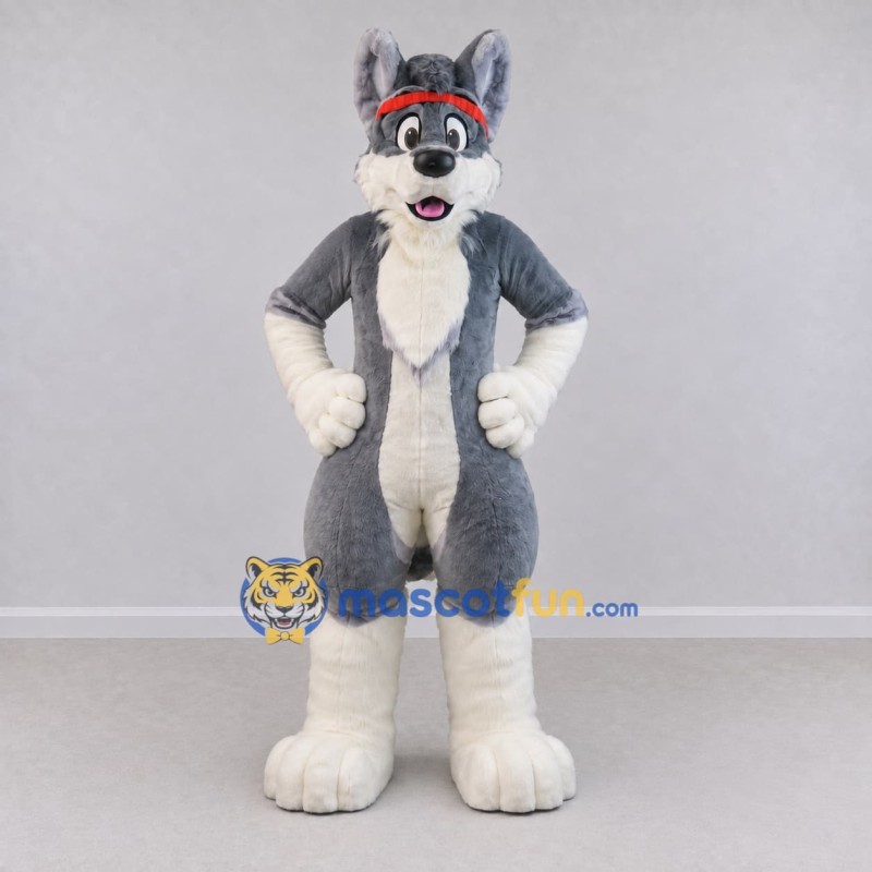 Custom Gray and White Canine Character with Headband Mascot Costume Adult Full Body Suit for Sports Events Custom Gray and White Canine Character with Headband Mascot Costume Adult Full Body Suit for Sports Events