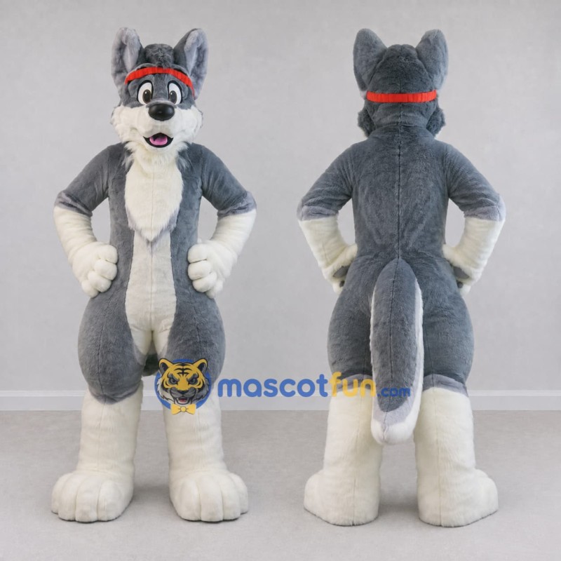 Custom Gray and White Canine Character with Headband Mascot Costume Adult Full Body Suit for Sports Events Custom Gray and White Canine Character with Headband Mascot Costume Adult Full Body Suit for Sports Events