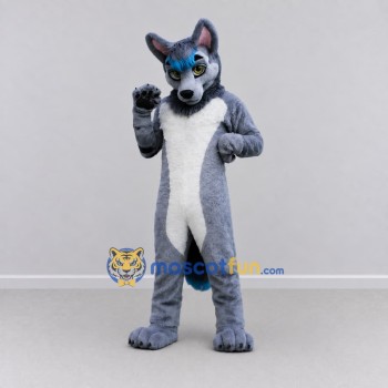Custom Gray Blue and White Canine Character Mascot Costume Adult Full Body Suit for School Events