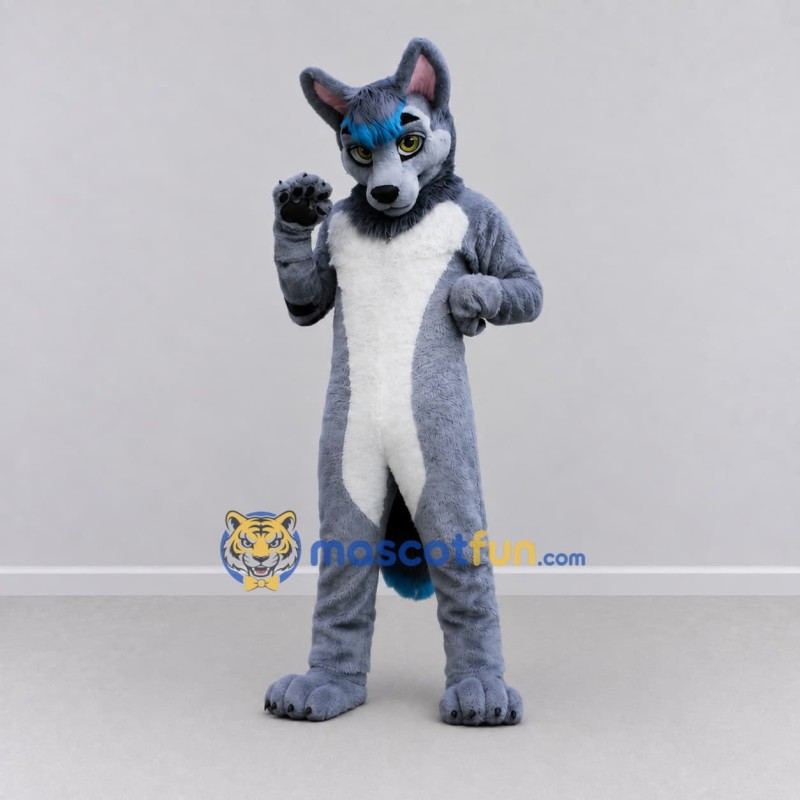 Custom Gray Blue and White Canine Character Mascot Costume Adult Full Body Suit for School Events