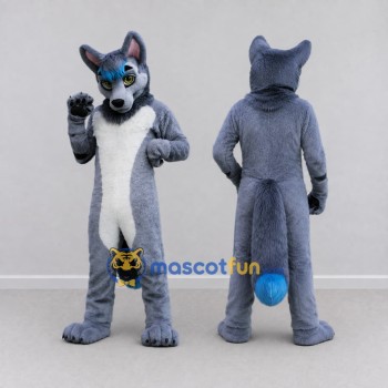 Custom Gray Blue and White Canine Character Mascot Costume Adult Full Body Suit for School Events