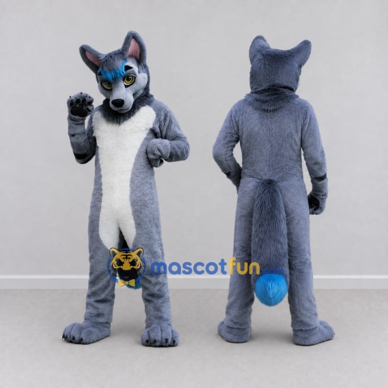 Custom Gray Blue and White Canine Character Mascot Costume Adult Full Body Suit for School Events