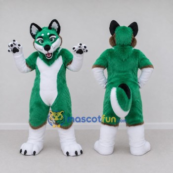 Custom Green and White Canine Character Mascot Costume Adult Full Body Suit for School Events