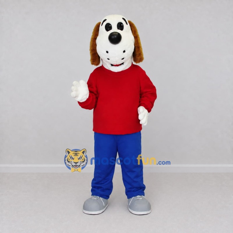 Custom White Red and Blue Dog in Shirt and Pants Mascot Costume Adult Full Body Suit for School Events