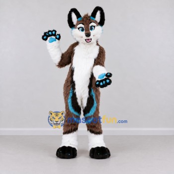 Custom Brown White and Turquoise Canine Character Mascot Costume Adult Full Body Suit for School Events