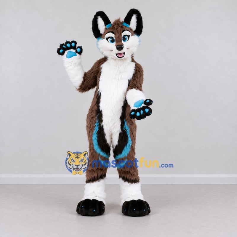 Custom Brown White and Turquoise Canine Character Mascot Costume Adult Full Body Suit for School Events Custom Brown White and Turquoise Canine Character Mascot Costume Adult Full Body Suit for School Events