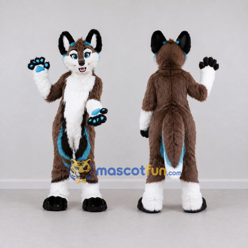 Custom Brown White and Turquoise Canine Character Mascot Costume Adult Full Body Suit for School Events Custom Brown White and Turquoise Canine Character Mascot Costume Adult Full Body Suit for School Events