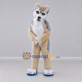 Custom Tan Gray and White Canine Character Mascot Costume Adult Full Body Suit for School Events