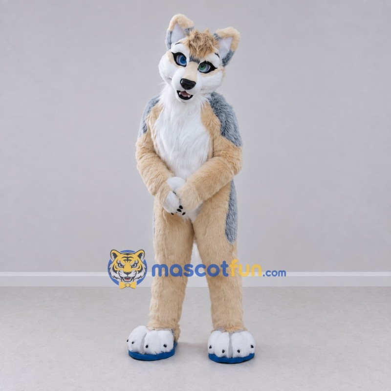 Custom Tan Gray and White Canine Character Mascot Costume Adult Full Body Suit for School Events Custom Tan Gray and White Canine Character Mascot Costume Adult Full Body Suit for School Events