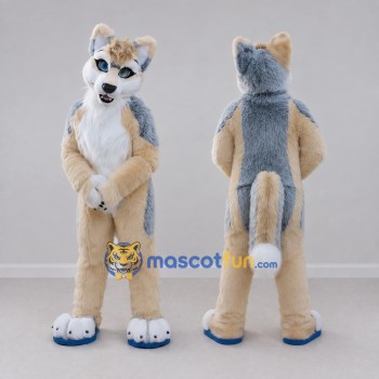 Custom Tan Gray and White Canine Character Mascot Costume Adult Full Body Suit for School Events