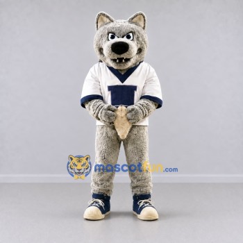Custom Gray White and Navy Blue Wolf in Sportswear Mascot Costume Adult Full Body Suit for Sports Events Custom Gray White and Navy Blue Wolf in Sportswear Mascot Costume Adult Full Body Suit for Sports Events