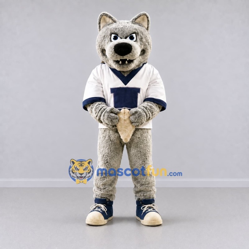 Custom Gray White and Navy Blue Wolf in Sportswear Mascot Costume Adult Full Body Suit for Sports Events Custom Gray White and Navy Blue Wolf in Sportswear Mascot Costume Adult Full Body Suit for Sports Events