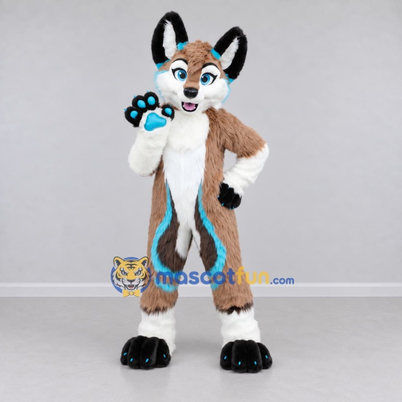Custom Tan White and Turquoise Canine Character Mascot Costume Adult Full Body Suit for School Events Custom Tan White and Turquoise Canine Character Mascot Costume Adult Full Body Suit for School Events