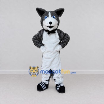 Custom Gray and White Cat with Bow Tie Mascot Costume Adult Full Body Suit for Themed Parties Custom Gray and White Cat with Bow Tie Mascot Costume Adult Full Body Suit for Themed Parties