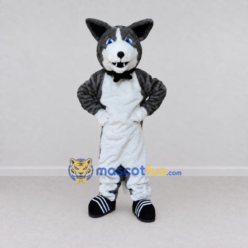 Custom Gray and White Cat with Bow Tie Mascot Costume Adult Full Body Suit for Themed Parties Custom Gray and White Cat with Bow Tie Mascot Costume Adult Full Body Suit for Themed Parties
