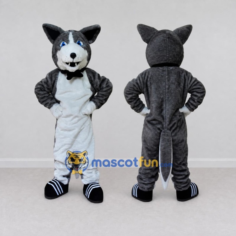Custom Gray and White Cat with Bow Tie Mascot Costume Adult Full Body Suit for Themed Parties Custom Gray and White Cat with Bow Tie Mascot Costume Adult Full Body Suit for Themed Parties