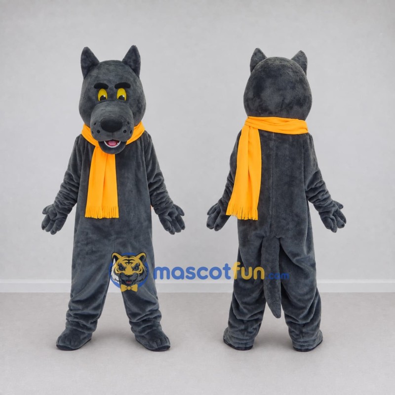 Custom Gray and Yellow Wolf with Scarf Mascot Costume Adult Full Body Suit for Winter Events