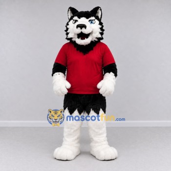 Custom Black White and Red Husky in T Shirt Mascot Costume Adult Full Body Suit for School Events