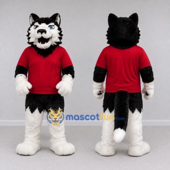 Custom Black White and Red Husky in T Shirt Mascot Costume Adult Full Body Suit for School Events