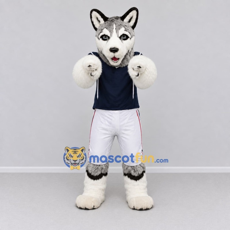 Custom Gray White and Navy Blue Husky in Sportswear Mascot Costume Adult Full Body Suit for Sports Events Custom Gray White and Navy Blue Husky in Sportswear Mascot Costume Adult Full Body Suit for Sports Events